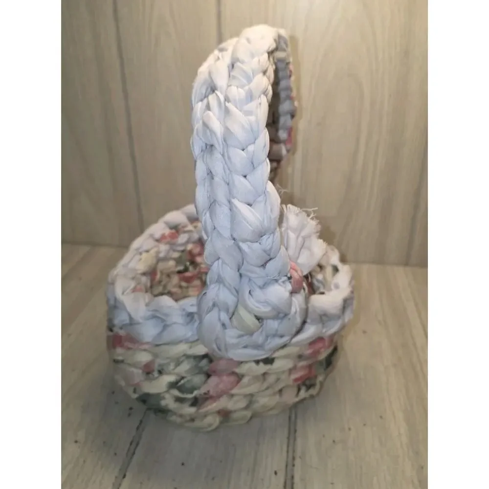 Vintage Hand Crafted Woven Knotted Cloth Basket Spring Easter Pastel Blue Pink